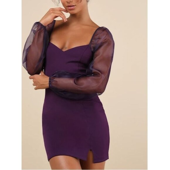 Lulus Dress Womens Medium Purple Chiffon Long Sleeve Bodycon Mini Party Event - Picture 1 of 7